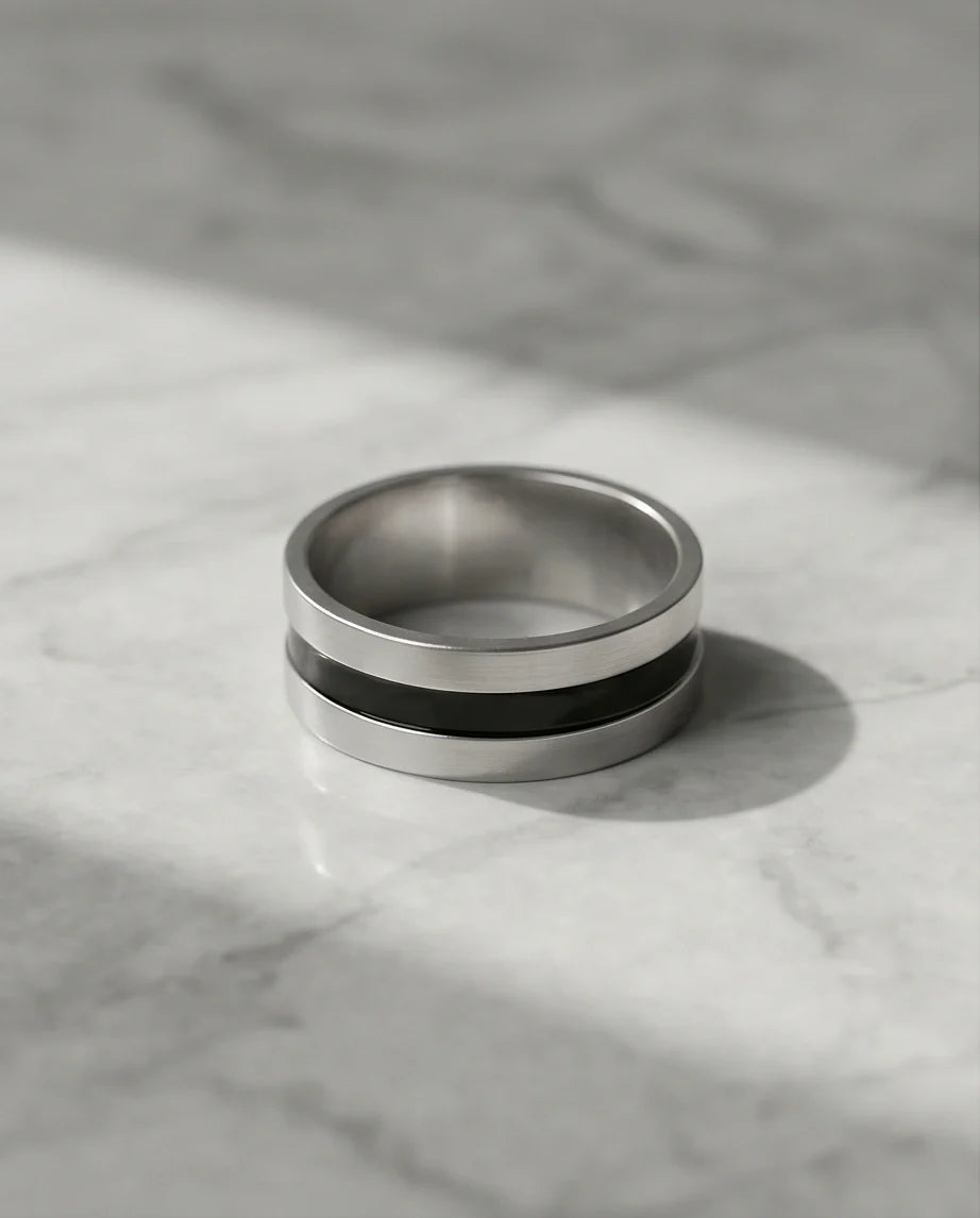 Minimalist Dual-Tone Silver and Black Band Ring