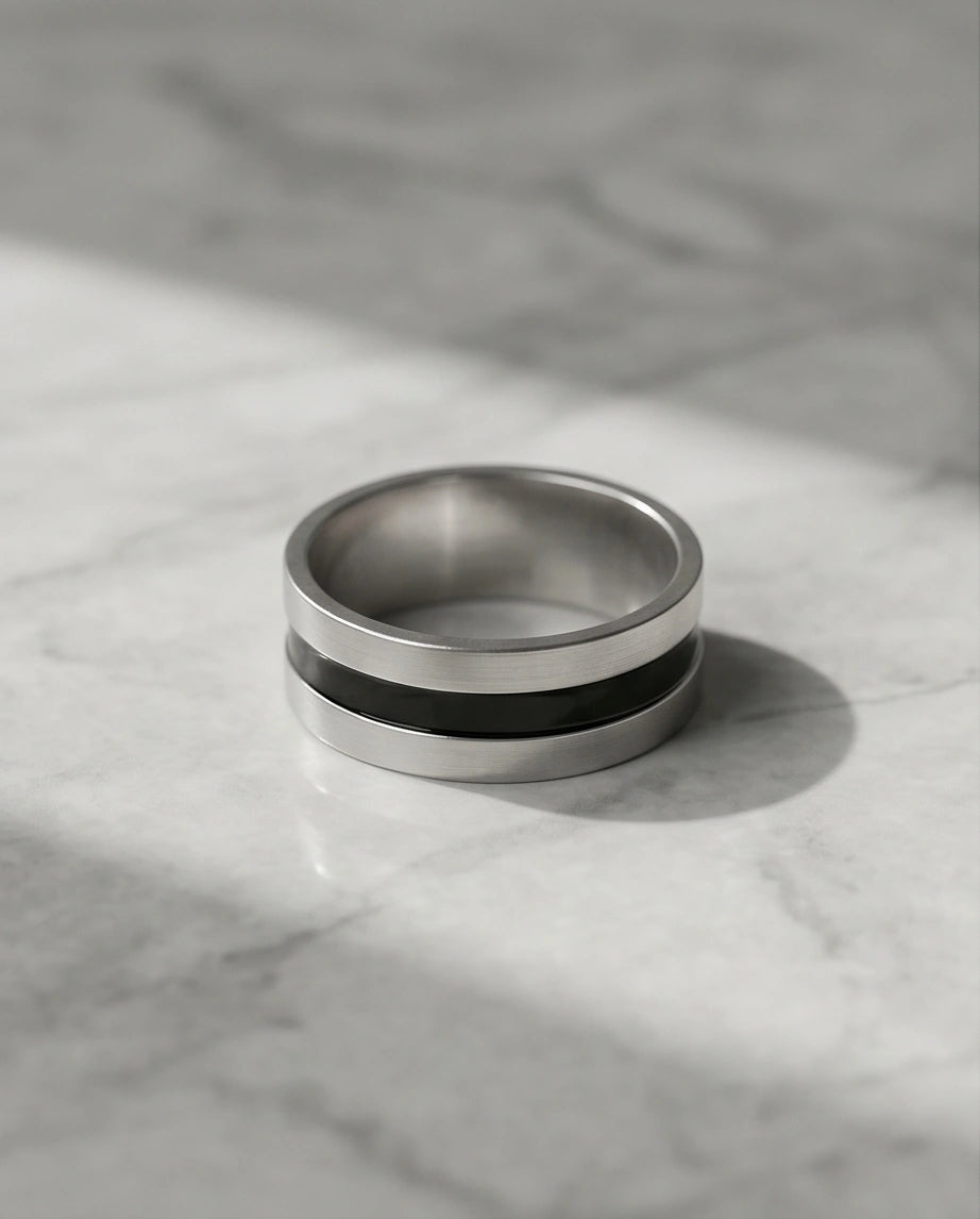 Minimalist Dual-Tone Silver and Black Band Ring