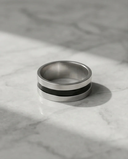 Minimalist Dual-Tone Silver and Black Band Ring