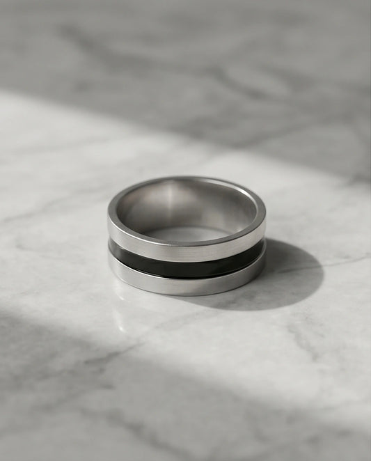 Minimalist Dual-Tone Silver and Black Band Ring
