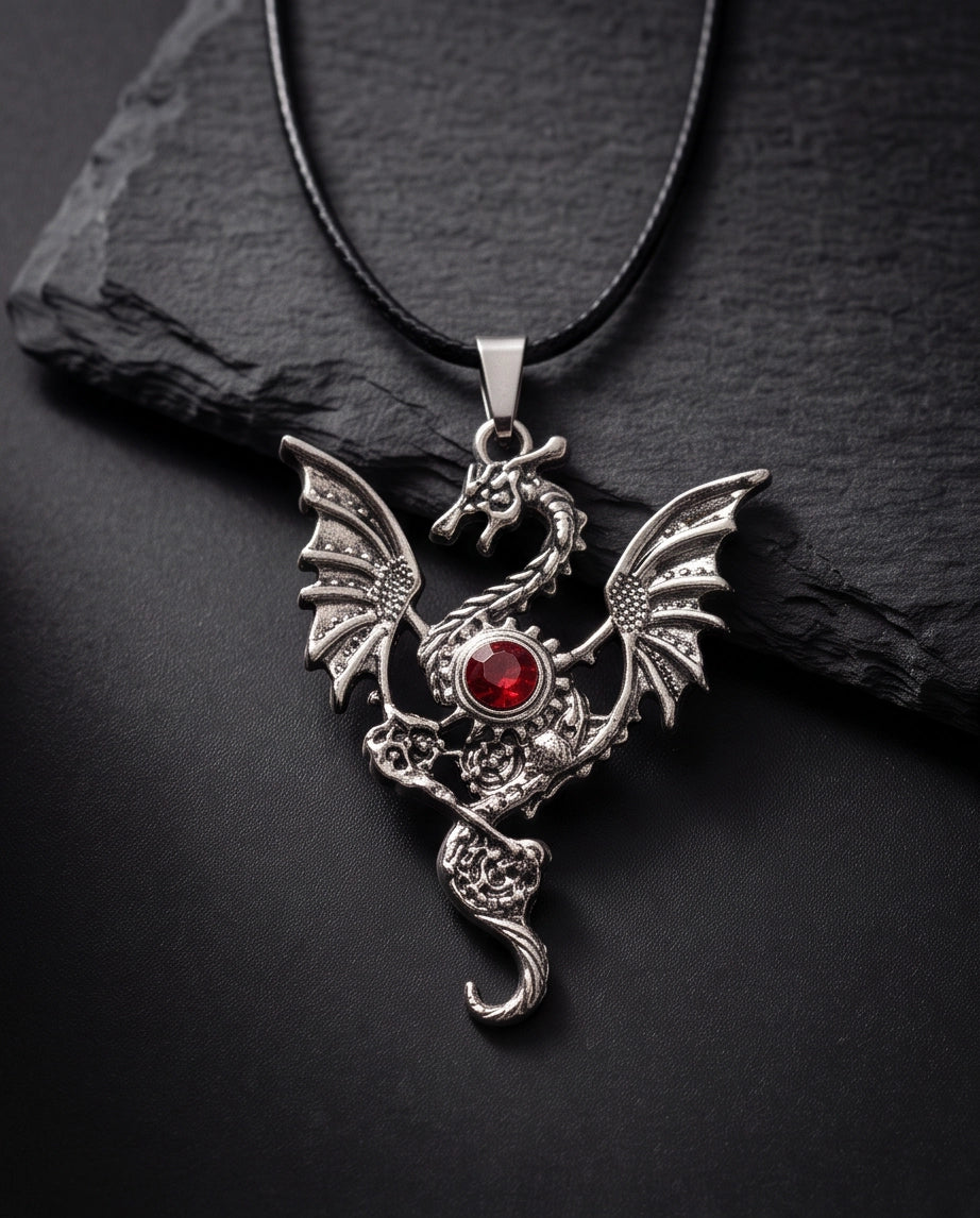 Silver Red Gemstone Dragon Pendant Necklace