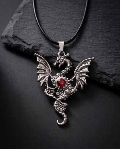 Silver Red Gemstone Dragon Pendant Necklace