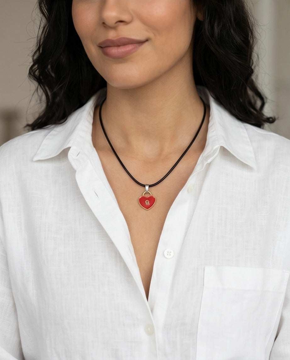 Gold and Red Heart Padlock Necklace