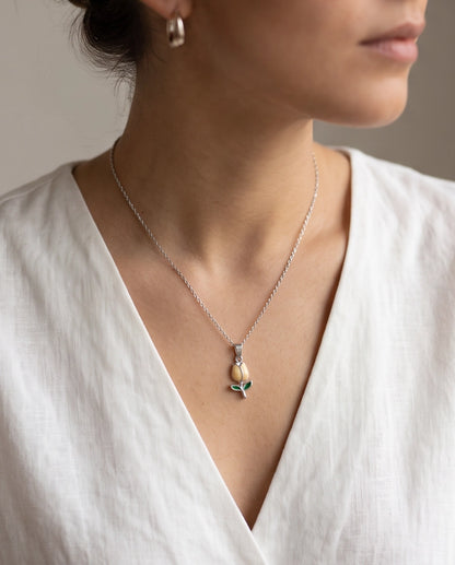 Silver Yellow Enamel Tulip Pendant Necklace