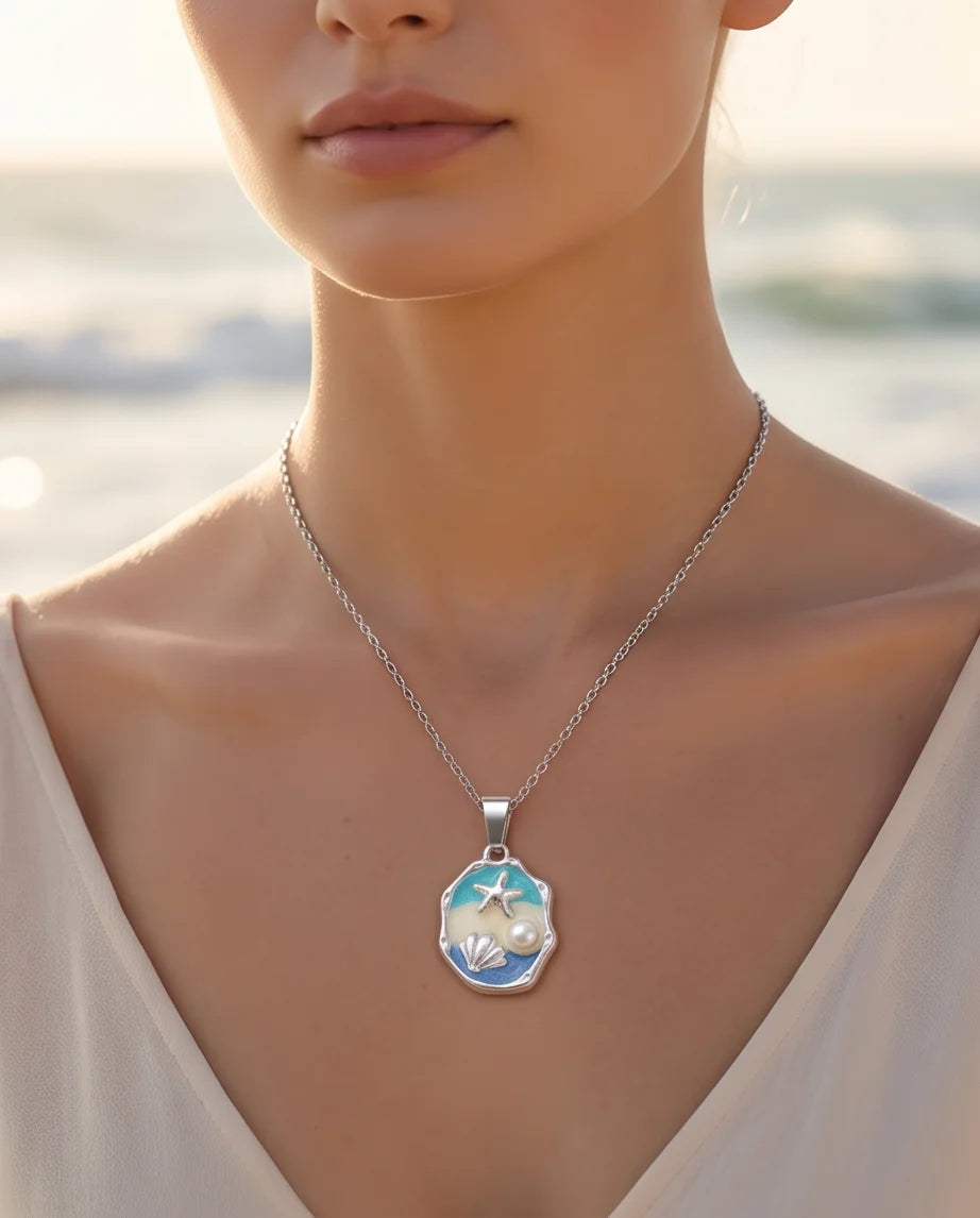 Silver Blue Seashell Starfish Pearl Enamel Medallion Chain Necklace