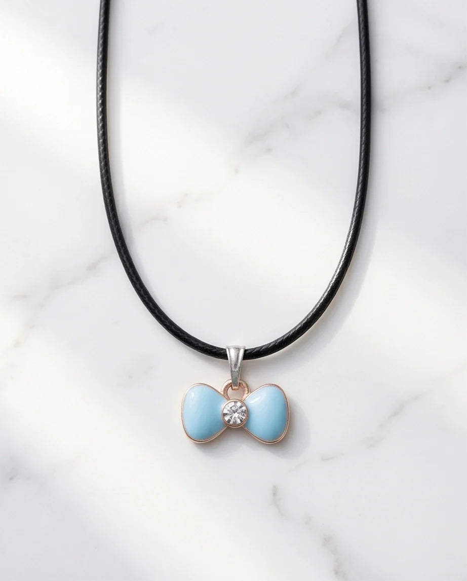 Gold and Pastel Blue Bow Ribbon Necklace