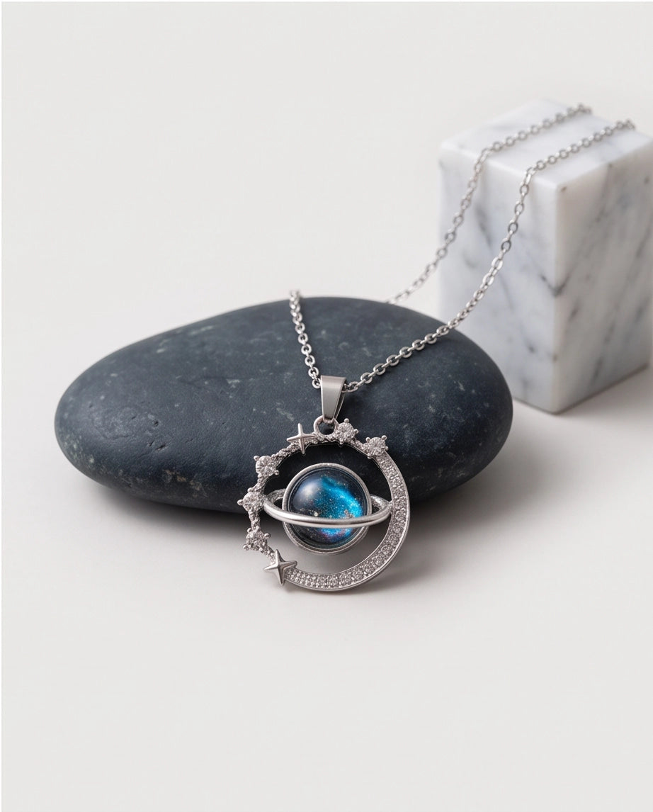 Silver Cosmic Galaxy Planet Crescent Pendant Necklace