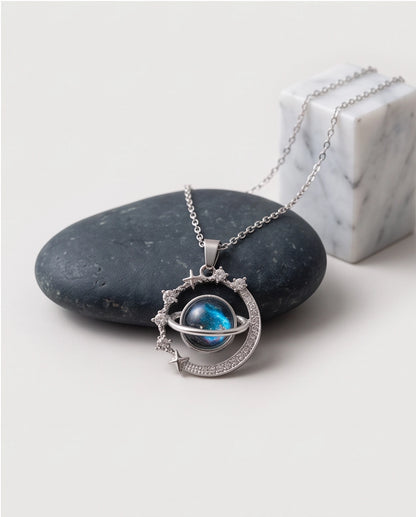 Silver Cosmic Galaxy Planet Crescent Pendant Necklace