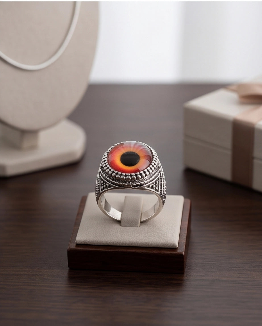 Crimson Evil Eye Beaded Silver Ring