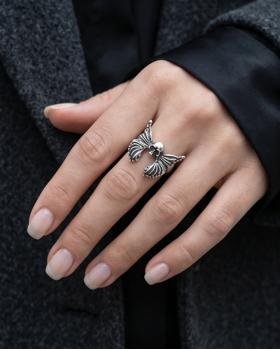 Gothic Sterling Silver Skull Butterfly Ring