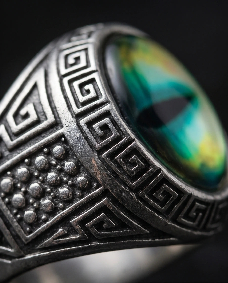 Vintage Sterling Silver Mythic Lime-Green Dragon's Eye Ring