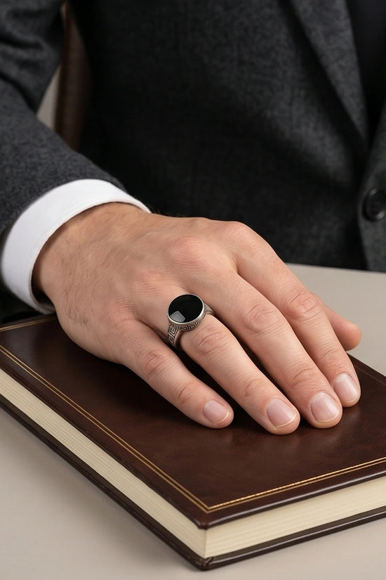 Minimalist Greek Key Onyx Signet Ring