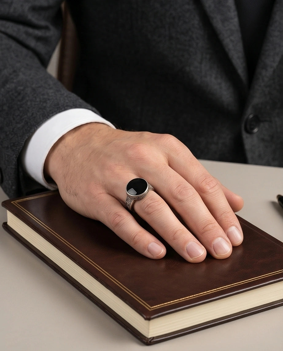 Minimalist Greek Key Onyx Signet Ring