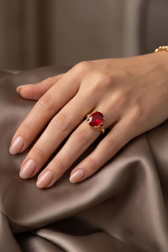 Gold Plated Crimson Ruby Oval Filigree Ring