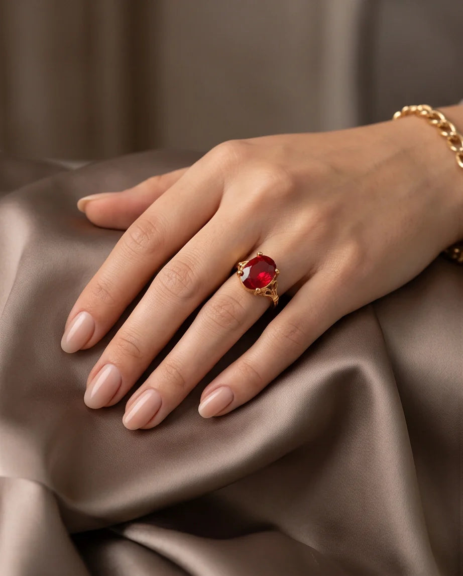 Gold Plated Crimson Ruby Oval Filigree Ring