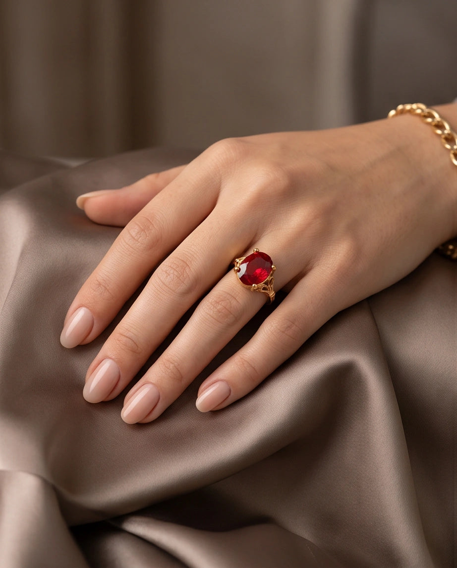 Gold Plated Crimson Ruby Oval Filigree Ring