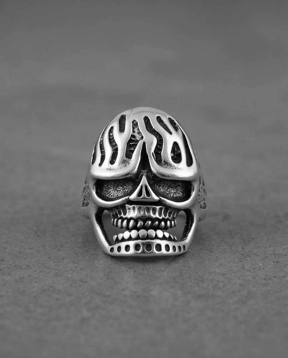 Fluted Flame-Crown Anatomical Skull Silver Ring