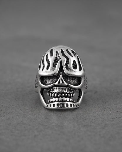 Fluted Flame-Crown Anatomical Skull Silver Ring