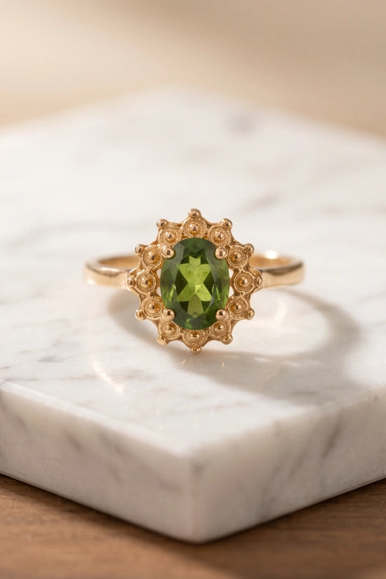Vintage 14K Gold Oval Peridot Victorian Halo Ring
