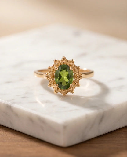 Vintage Gold Oval Peridot Victorian Halo Ring
