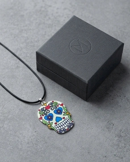 Vibrant White Sugar Skull Día de los Muertos Pendant Necklace