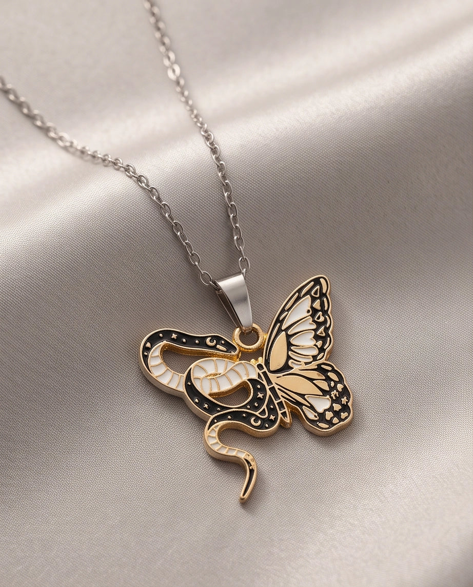 Gold Snake & Butterfly Celestial Enamel Pendant Necklace