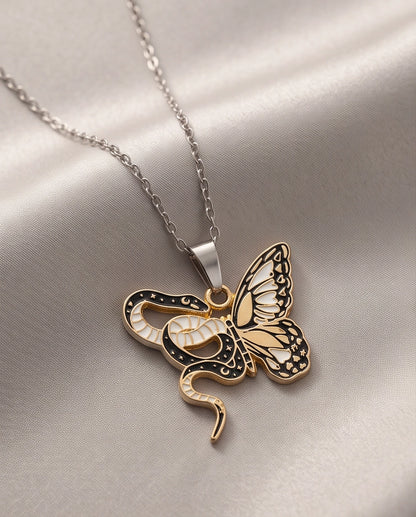 Gold Snake & Butterfly Celestial Enamel Pendant Necklace