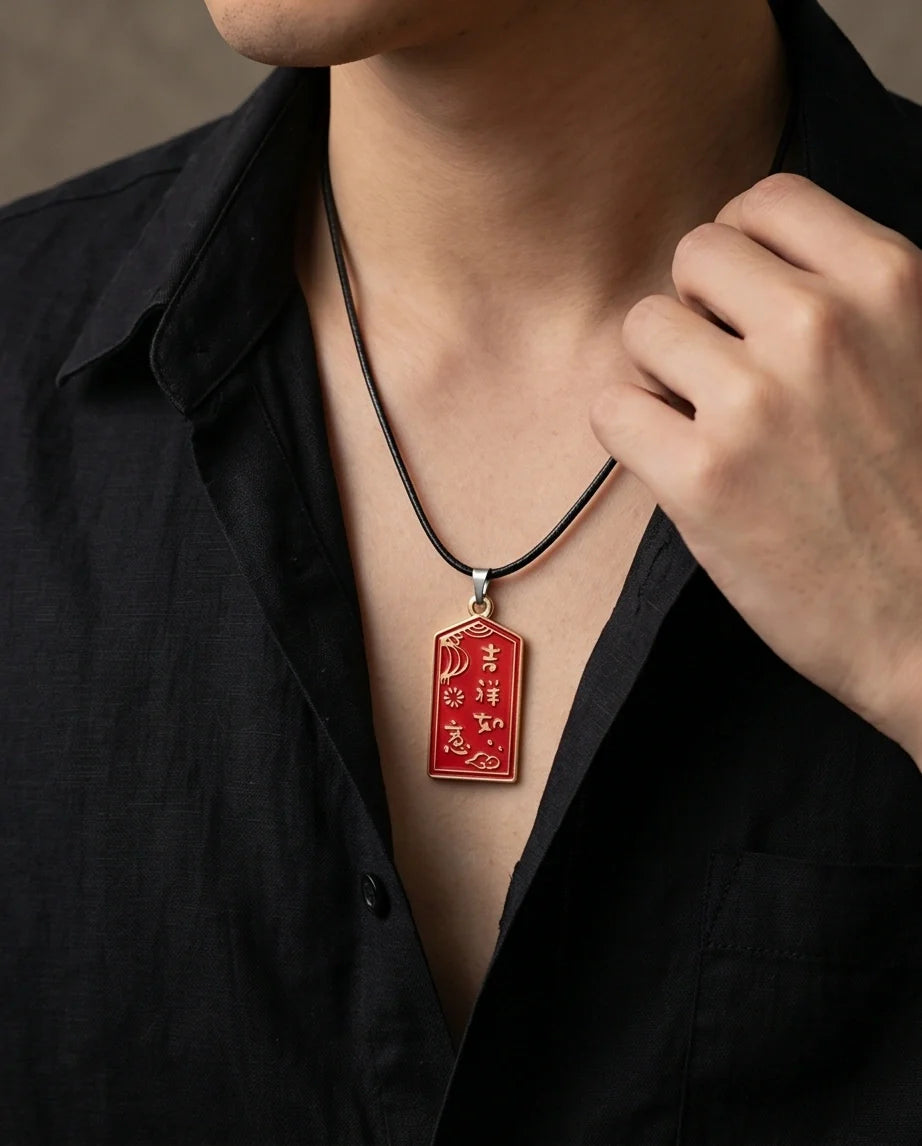 Traditional Red Rectangular "Ji Xiang Ru Yi" Blessings Pendant Necklace