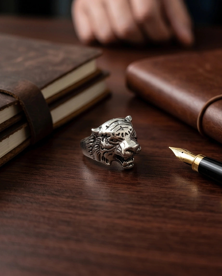 Vintage Silver Oxidized Roaring Tiger Head Statement Ring