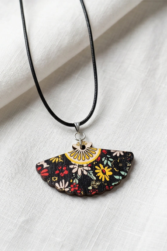 Vintage Black Botanical Hand-Fan Pendant Necklace