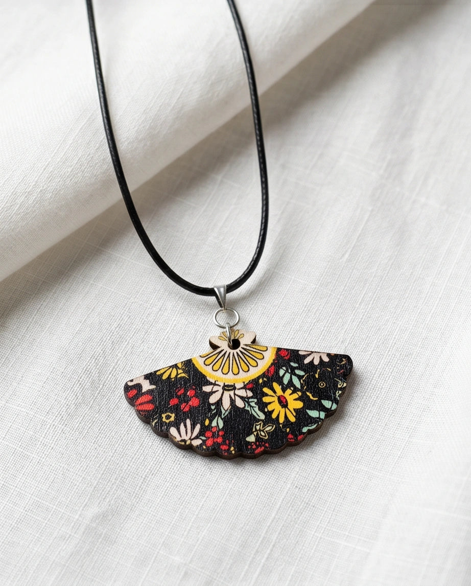 Vintage Black Botanical Hand-Fan Pendant Necklace