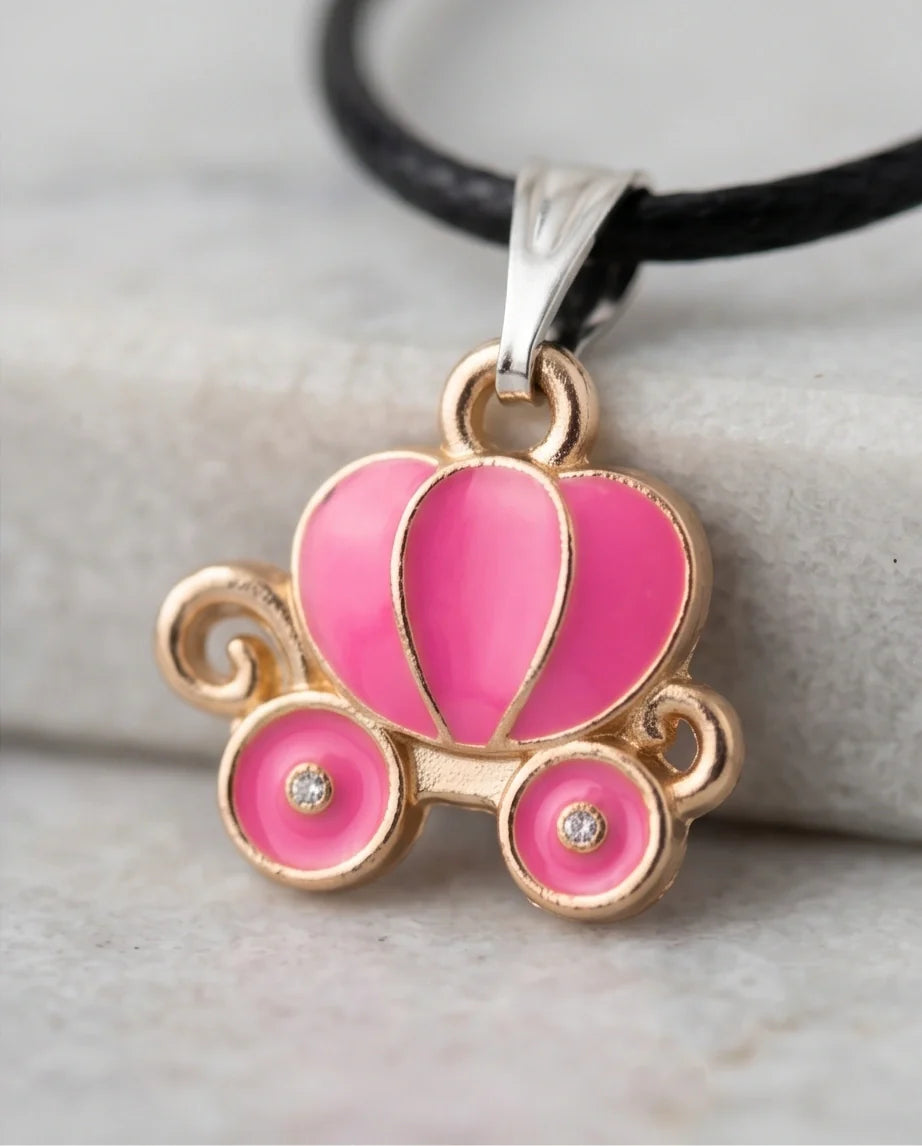 Pink Cinderella Pumpkin Carriage Enamel Pendant Necklace