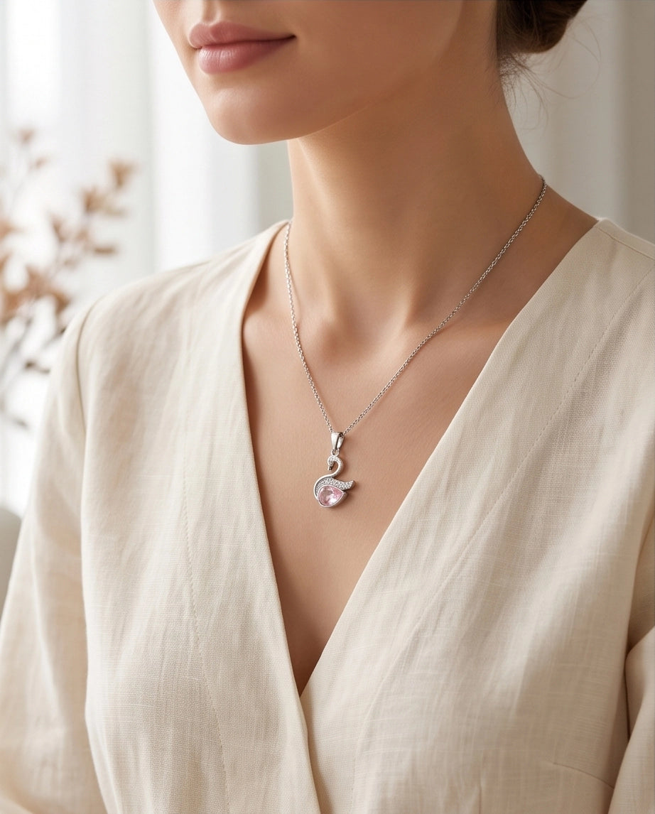 Silver Pink Crystal Swan Pendant Necklace