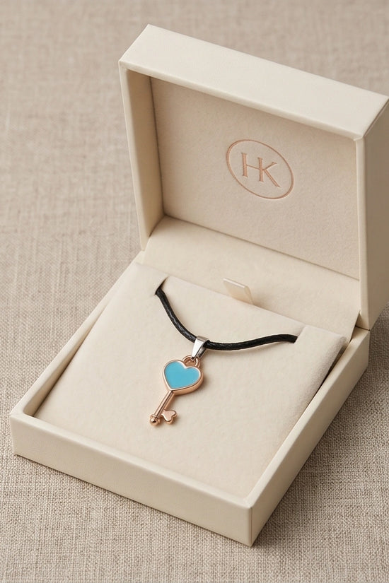 Gold and Turquoise Heart Key Pendant Necklace