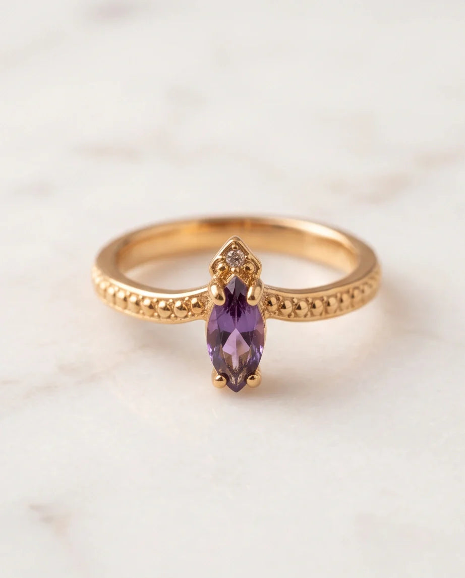 "Amethyst Aura" – Marquise Cut Gold Ring