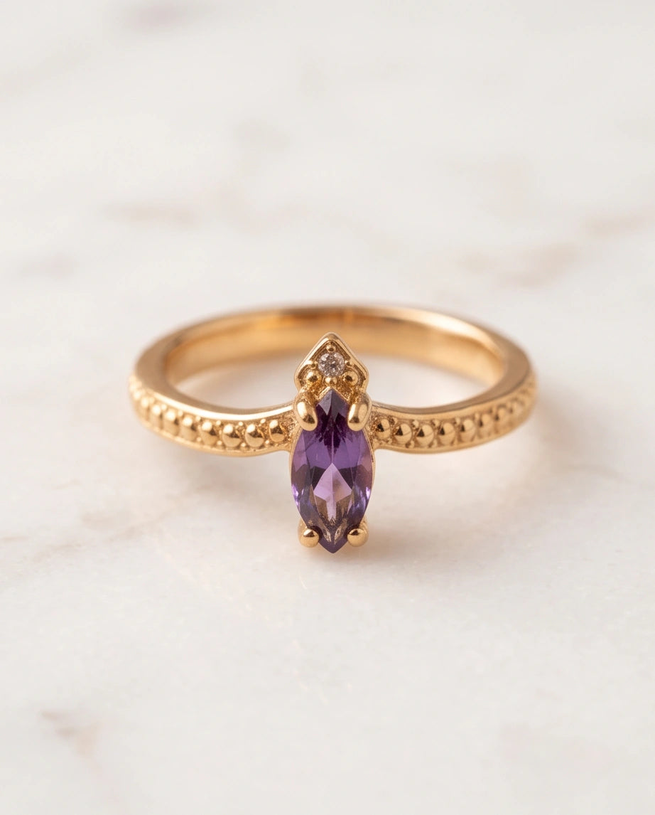 "Amethyst Aura" – Marquise Cut Gold Ring