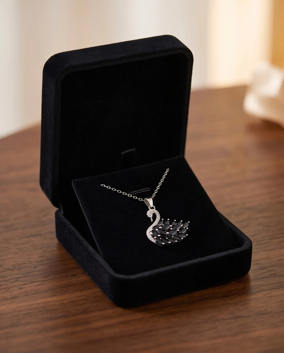 Silver Black Crystal Swan Necklace