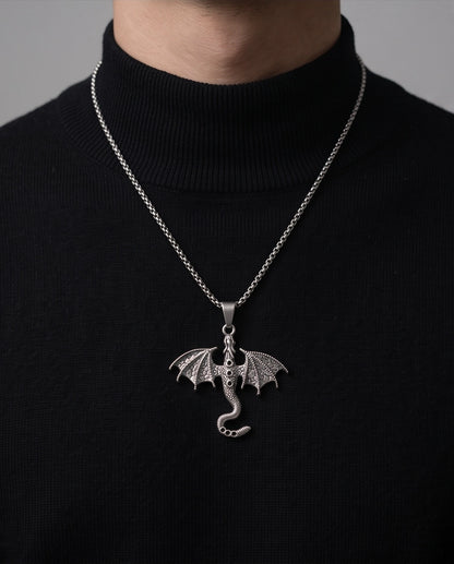 Silver Textured Dragon Wyvern Pendant Necklace