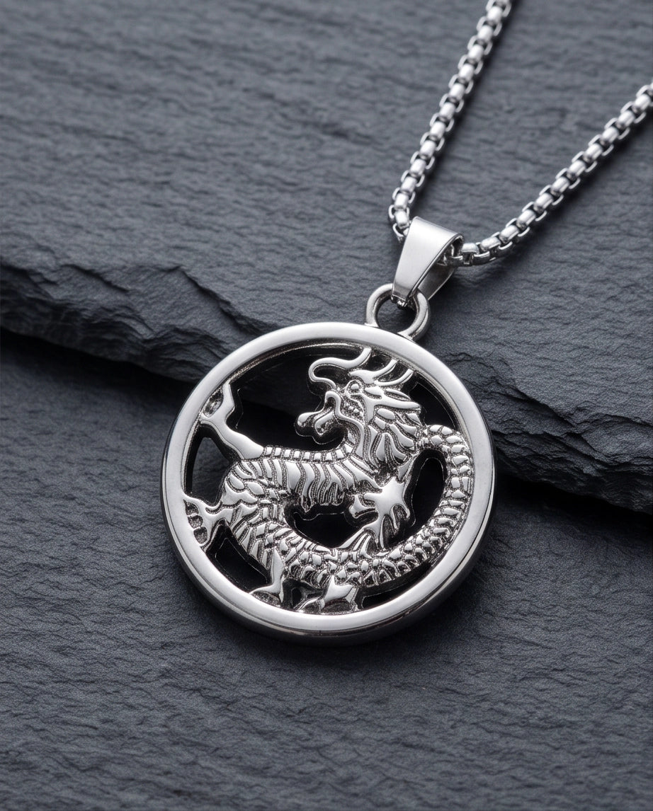 Silver Circular Dragon Medallion Pendant Necklace