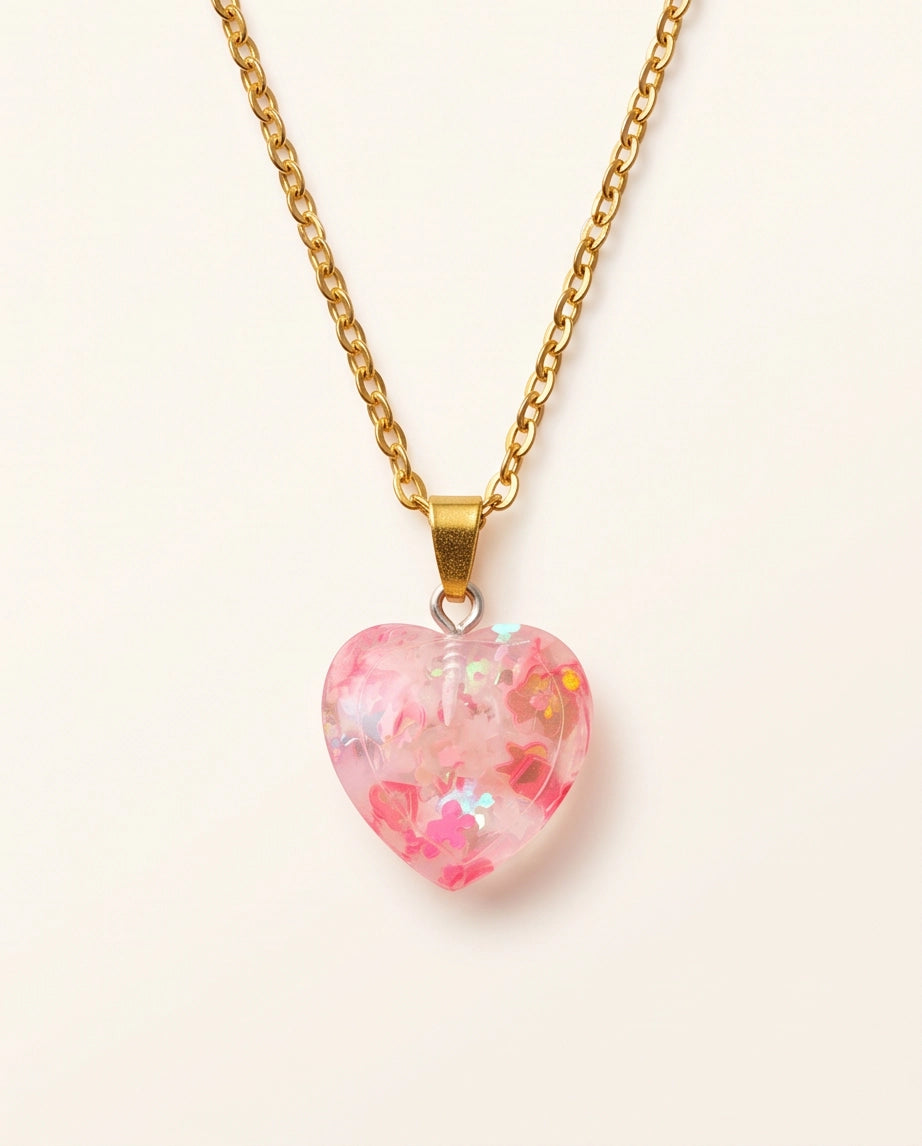 Silver Faceted Rose Pink Glitter Heart Resin Pendant Necklace