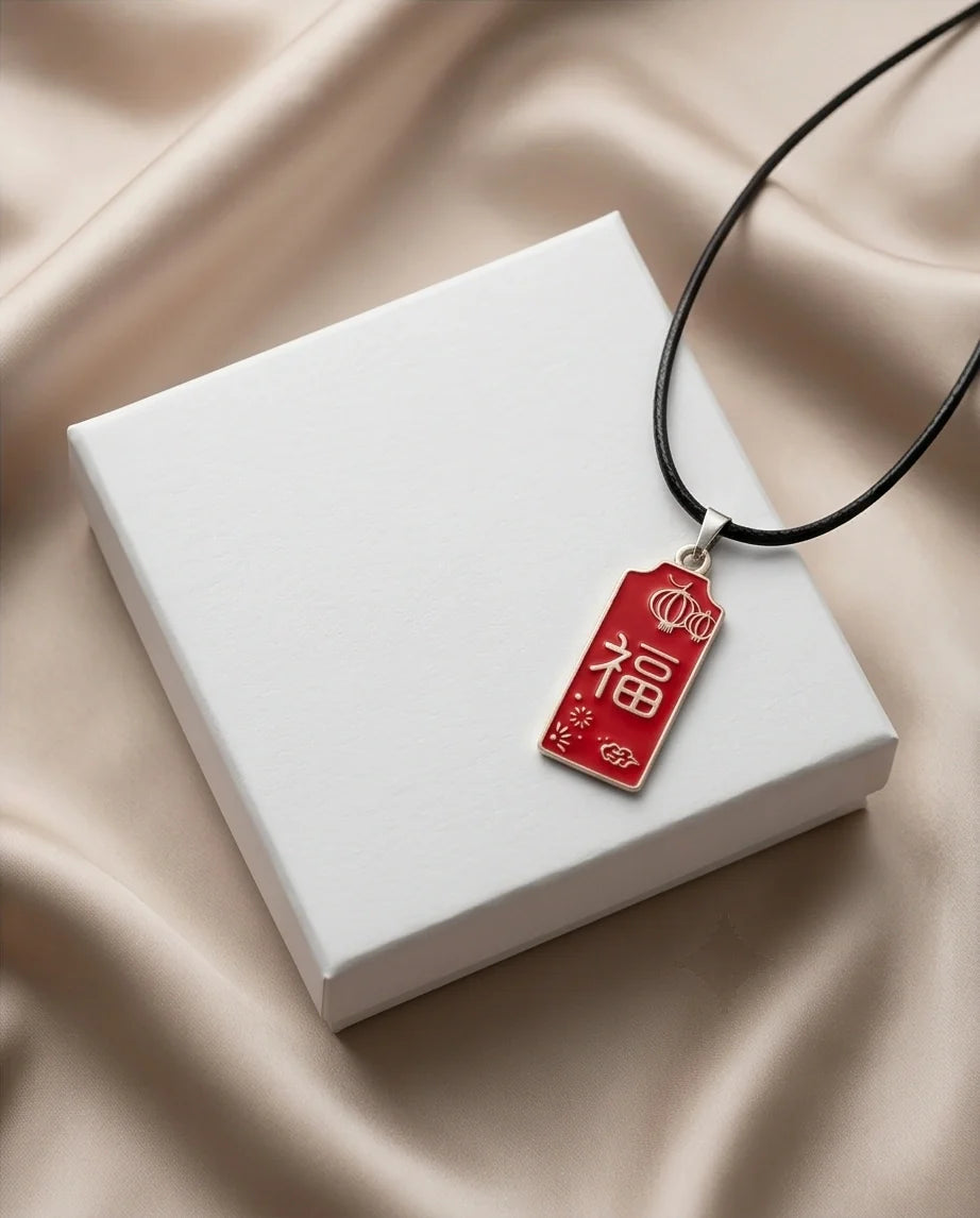 Traditional Red Rectangular "Fu" Blessings Pendant Necklace