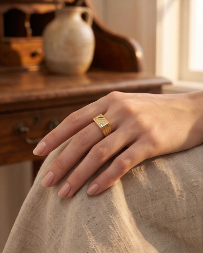 Abstract Textured Multi-Inlay Asymmetrical Signet Gold Ring