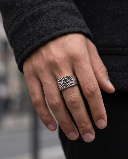 Celestial Sunburst Dark-Triple-Crystal Stippled Band Silver Ring