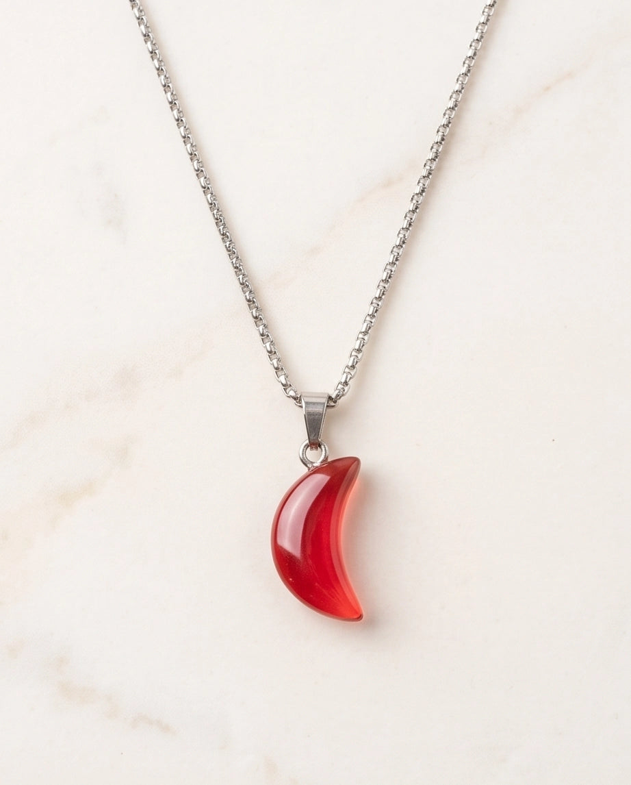 Silver Carnelian Red Crescent Moon Pendant Necklace