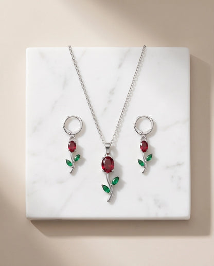 Silver Crystal Rose Necklace Set