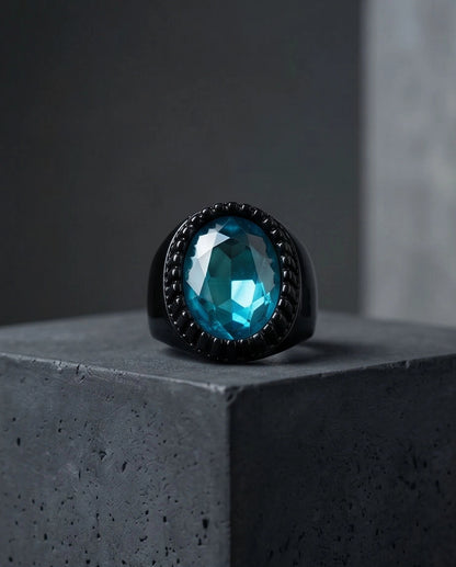 Matte Black Oval Teal Tourmaline Signet Ring