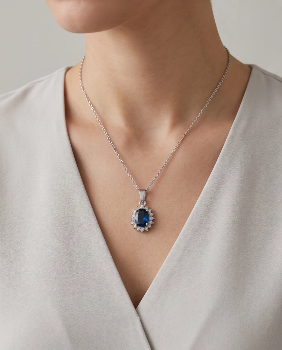 Silver London Blue Oval Halo Medallion Pendant Necklace