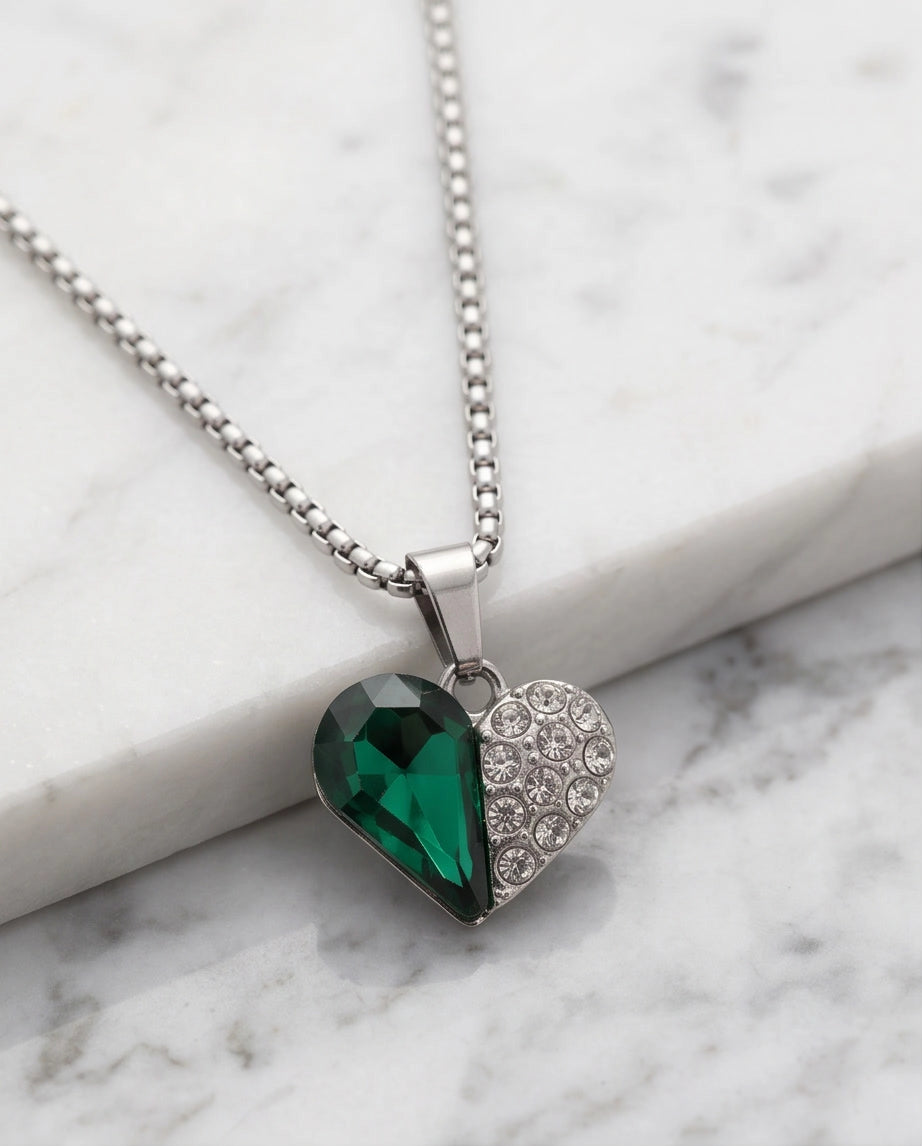 Silver Emerald Heart Pavé Pendant Necklace