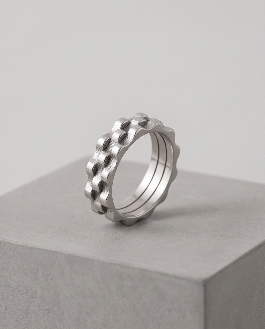 Industrial Cogwheel Scalloped Silver Band