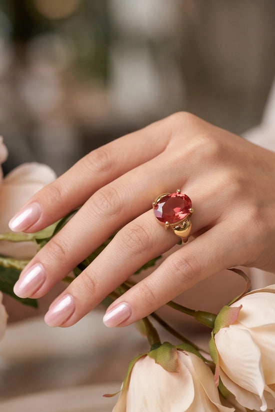 Gold Plated Pink Morganite Oval Heart Accent Ring